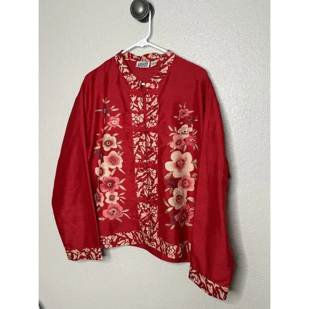 Vintage Chico's 3 XL Design Top Red Silk Mandarin Collar Asian Style Blouse